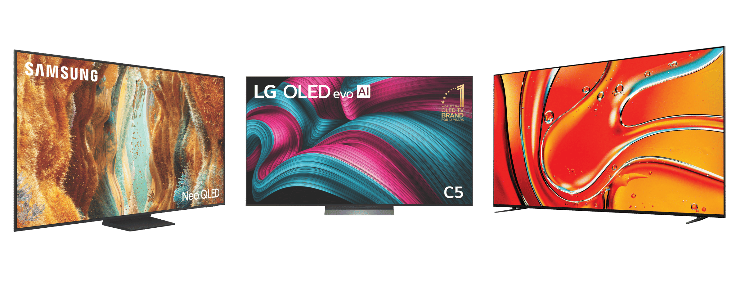 Product images of the Samsung 85" QN70F NEO QLED 4K Mini LED Smart AI TV, Sony 85" BRAVIA 7 4K Mini-LED Google TV and LG 77" OLED EVO C5 AI UHD 4K Smart TV 2025