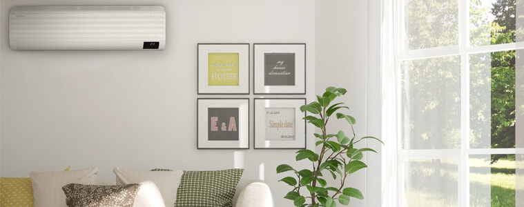 A split system air conditioner cools down a living room.