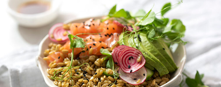 Poke Bowl With Brown Rice, Salmon And Edamame